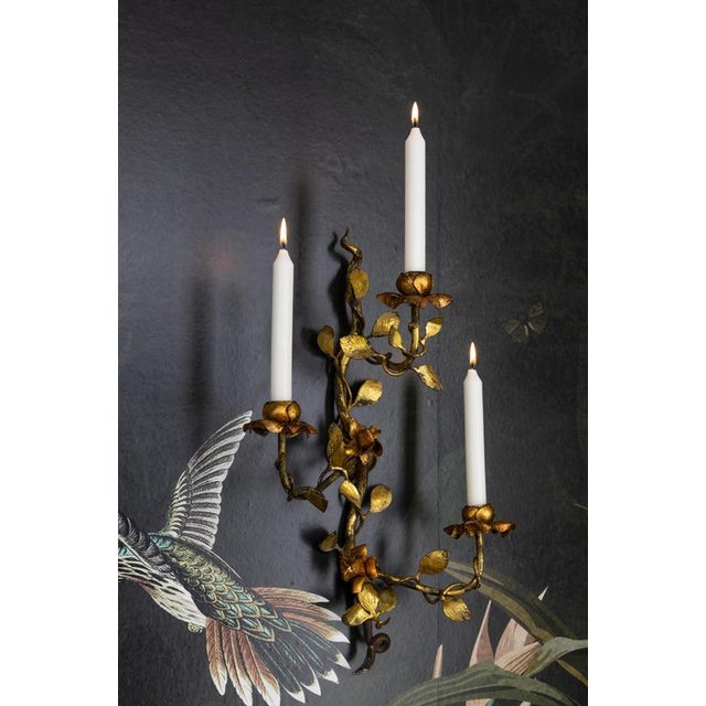 Hollywood Regency Hollywood Regency Gilt Tole Metal Triple-Arm Floral Wall Candle Sconce, 1970s For Sale - Image 3 of 18