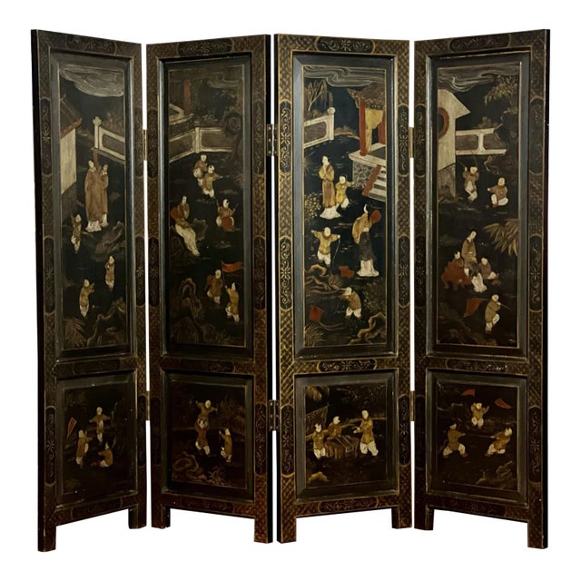 1920s Chinese Export Four Panel Lacquered Coromandel Dressing Screen Room Divider For Sale
