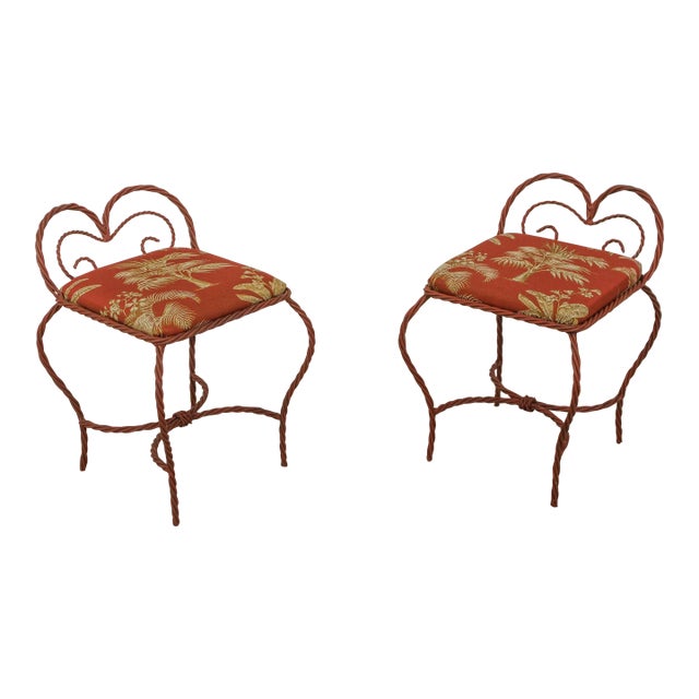 Pair Rope Twist Iron Benches W. Tropical Upholstery For Sale
