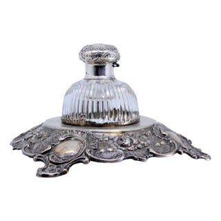 Inkwell in Relief Silver with Shells, Scrolls and Cut Glass Tank For Sale