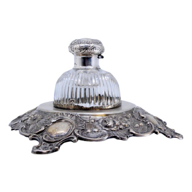 Inkwell in Relief Silver with Shells, Scrolls and Cut Glass Tank For Sale