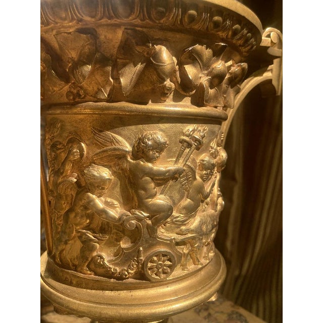French 18th Century Louis XVI Ormolu Vases with Handles and Relief Putto on Black Belgian Marble Bases, Set of 2 For Sale - Image 5 of 18