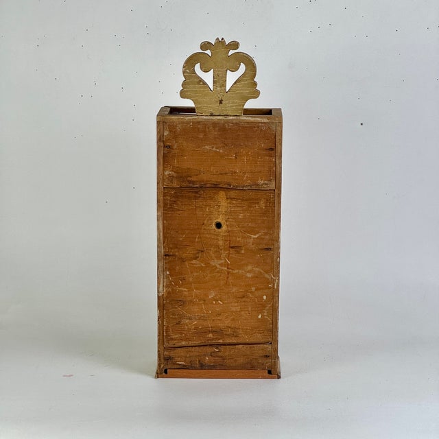 Antique 19th C American Painted Country Wall Box With Ornate Scrolled Pediment Top For Sale - Image 4 of 9