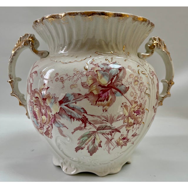 Art Nouveau Large Antique Gindley & Co Peony Gilt Handle Art Nouveau Vase For Sale - Image 3 of 9