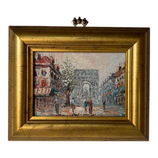 Vintage Parisian Street Scene Oil Painting on Wood Panel – Frame For Sale