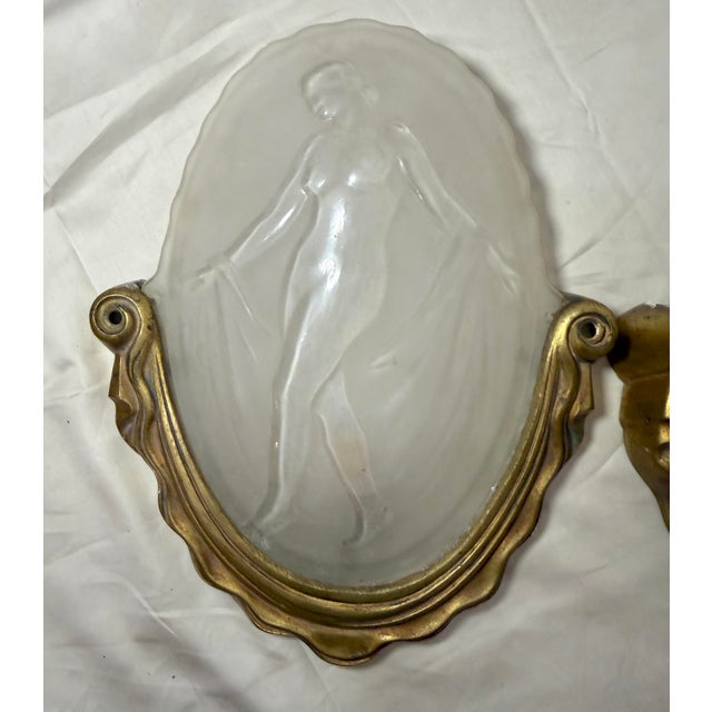 Metal Antique Muller Freres Luniville Nymphs Bronze Glass Wall Sconces Fixtures - a Pair For Sale - Image 7 of 13