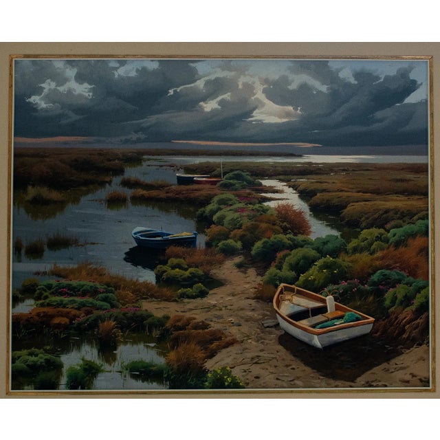 Contemporary Late 20th Century Ramon Pujol - Boats on the Marsh, Oil on Canvas For Sale - Image 3 of 5