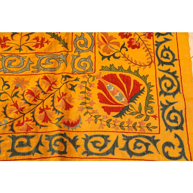 Large Vintage Embroidered Uzbek Suzani Yellow Blue Red For Sale - Image 4 of 12