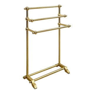 Vintage Polished Brass Three-Tier Freestanding Towel Rack Ball Finials Atomic For Sale