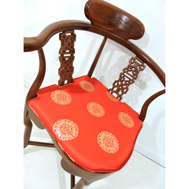 Vintage Chinese Solid Rosewood Corner Side Chair With Red Brocade