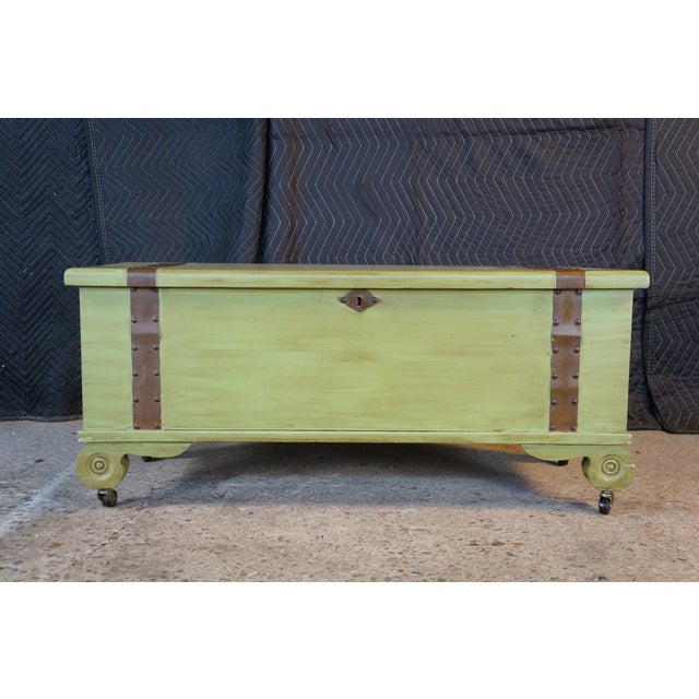 Vintage American Country Farmhouse Green Painted Chic Pine Blanket Chest Trunk For Sale - Image 6 of 18