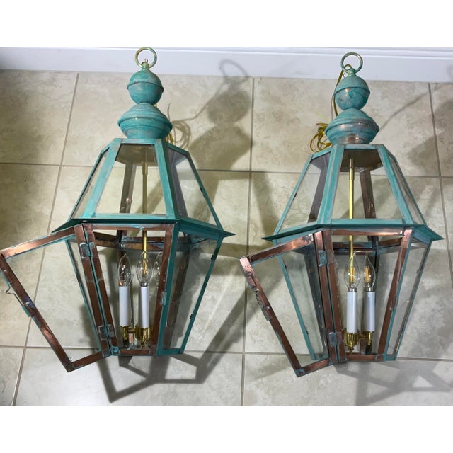 Metal Exquisite Pair of Vintage Solid Copper & Brass Verdigris Lanterns For Sale - Image 7 of 14