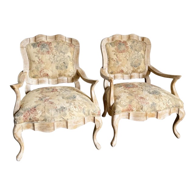 French Provincial White Washed Floral Print Lounge Chairs by Century Furniture For Sale