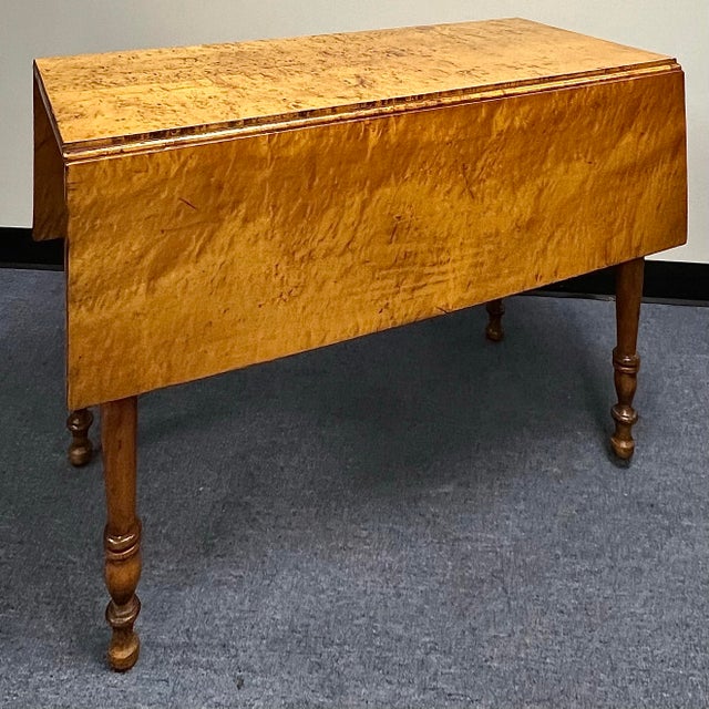 American Antique Sheraton Circa 1830 Solid Birds Eye Maple Drop Leaf Table For Sale - Image 3 of 12
