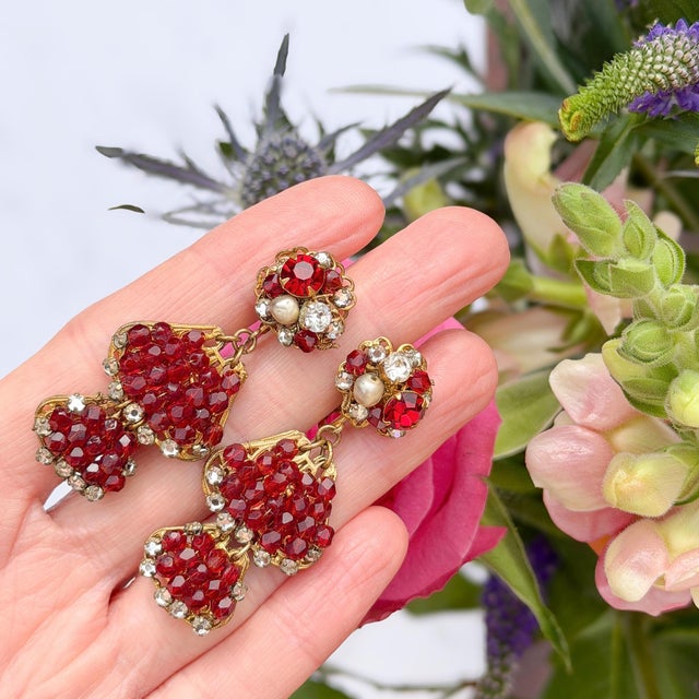 Vintage Red Glass Bead and Rhinestone Drop Earrings by Robert DeMario, 1950s, Set of 2 For Sale - Image 4 of 11
