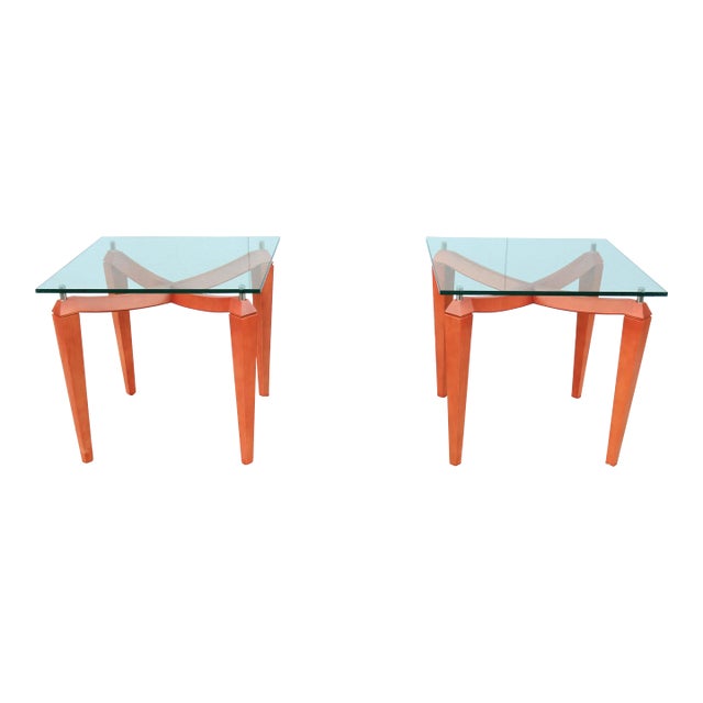 Modern Italian Cherry Wood and Transparent Glass Square Side Tables - a Pair For Sale