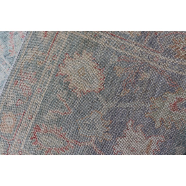 Textile Floral Modern Oushak With Muted Blue Background in Wool 2'6 X 7'11 For Sale - Image 7 of 7