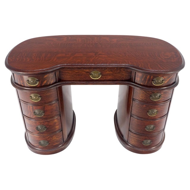 Double Pedestal Solid Oak Kidney Shape 10 Drawers Writing Table Desk For Sale - Image 6 of 12