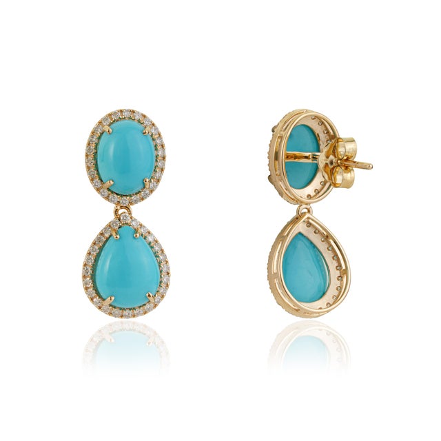 Metal 8.94ct Sleeping Beauty Turquoise Drop Earrings With Diamonds in 14k Gold- 2 Pieces For Sale - Image 7 of 14