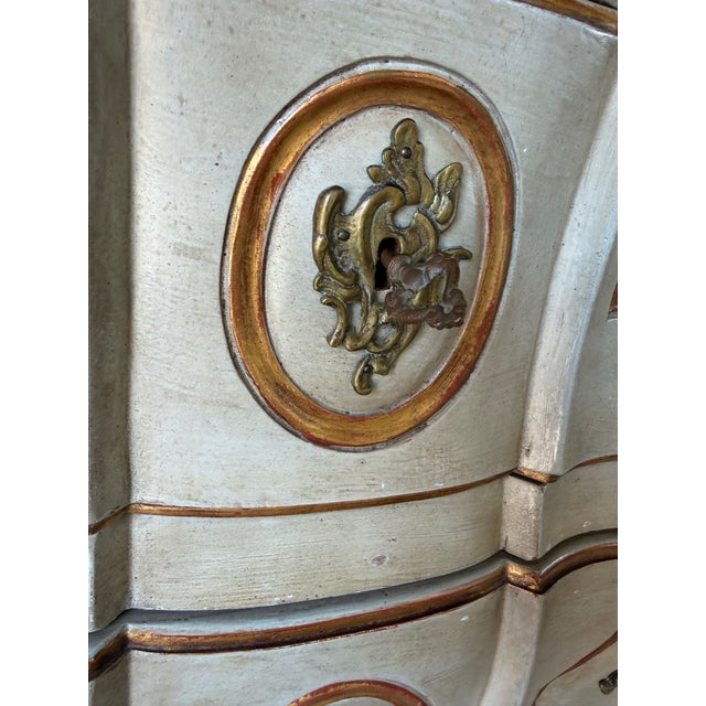 French Vintage Louis XV Style Bombe Chest of Drawers in Painted Finish With Ornate Brass Hardware For Sale - Image 3 of 12