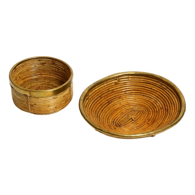 Mid-Century Modern Italian Bamboo Bowls with Brass Rims, 1960s, Set of 2 For Sale