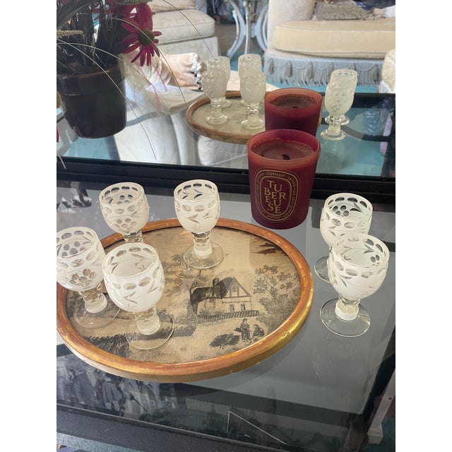 Gothic Late 19th Century Rare Bijou-Scale Uniform Set of 6 Matching 19th Century Cut-to-Clear Cordials on Base Tray For Sale - Image 3 of 13