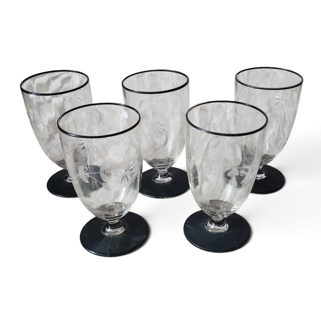 Set 5 Vintage Black Footed & Rimmed Etched Crystal Glass Stemware Juice Glasses. 1930s. Black foot seems to be hand...