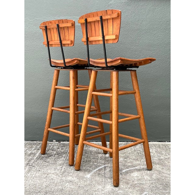 Vintage MCM Slat Swivel Bar Stools After Arthur Umanoff For Sale - Image 11 of 12