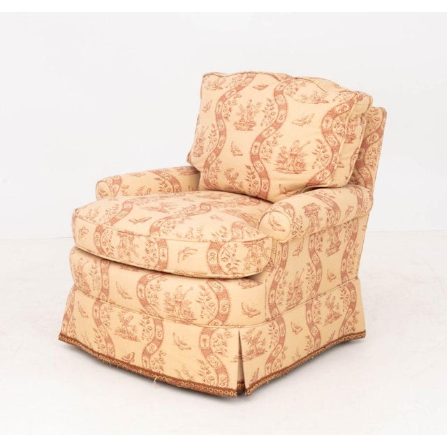 Textile Toile De Jouy Upholstered Club Chair and Ottoman For Sale - Image 7 of 13