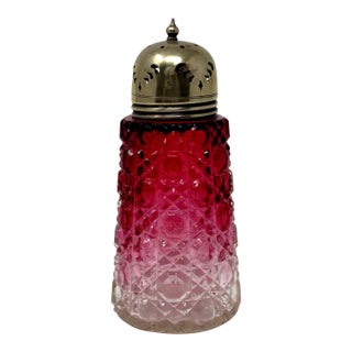 Victorian Cranberry Glass Sugar Caster Shaker 5.5” - Geometric Quilted Mold For Sale