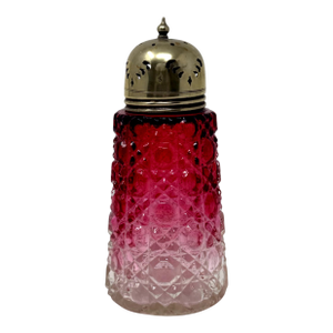 Victorian Cranberry Glass Sugar Caster Shaker 5.5” - Geometric Quilted Mold