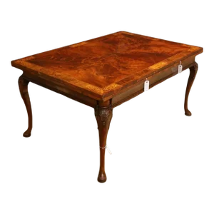 Early 20th Century George II Style Burl Walnut Seaweed Marquetry Inlay Extension Dining Table