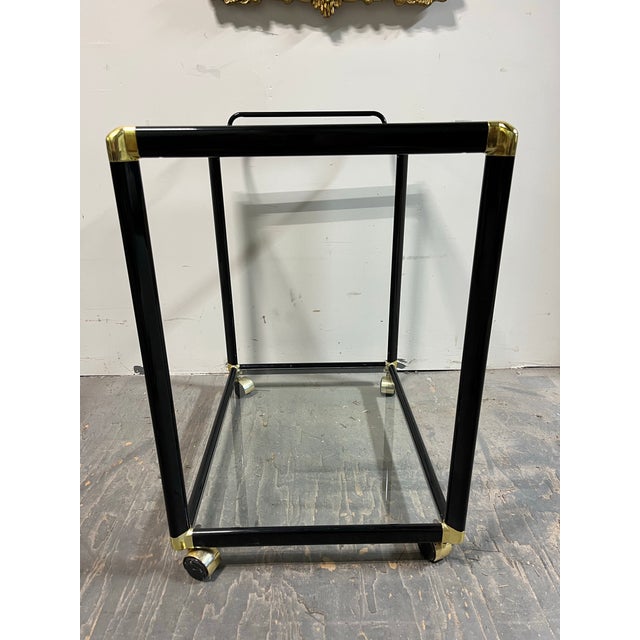 1980s Hollywood Regency Black & Gold-Tone Glass Bar Cart or Tea Cart For Sale - Image 5 of 12