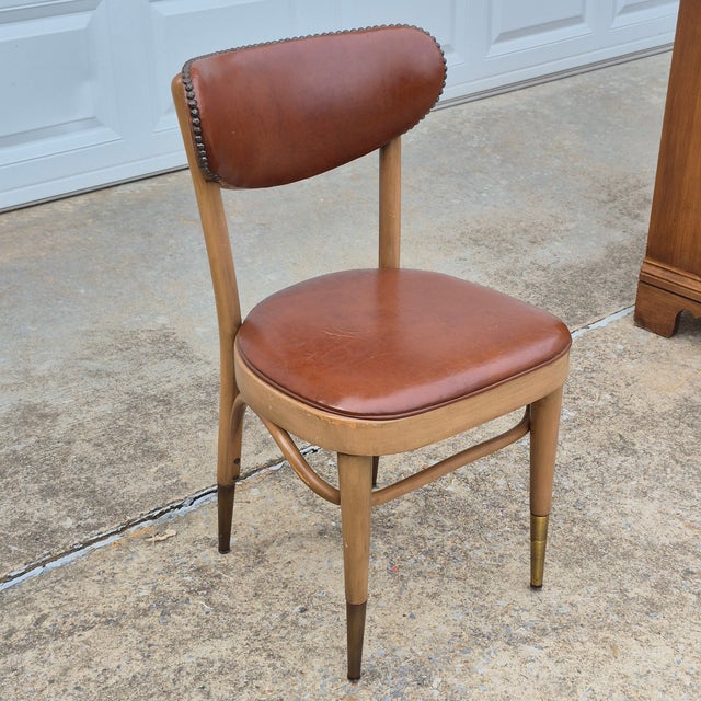 MCM Chairmasters Atomic Style Walnut & Cognac Naughahyde Side Desk Accent Chair For Sale - Image 14 of 14