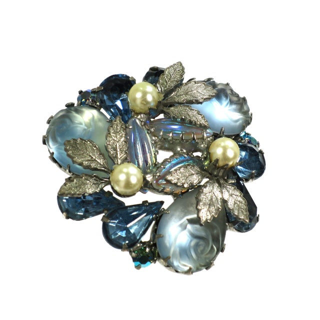 Modern Vintage 1950s Blue Carved Art Glass Brooch For Sale - Image 3 of 6