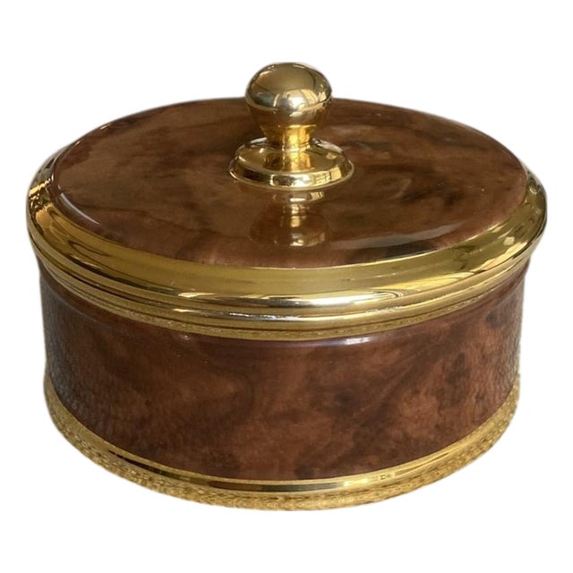 1990s Italian Faux Bois Burlwood and Gold Ceramic Lidded Jar/Box For Sale