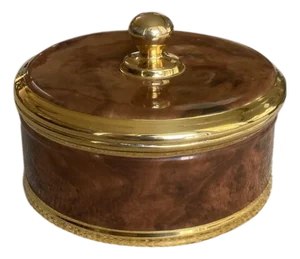 1990s Italian Faux Bois Burlwood and Gold Ceramic Lidded Jar/Box