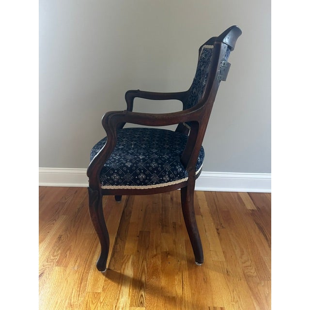 Antique Blue and White Batik Upholstered English Wood Accent Chair For Sale - Image 4 of 16