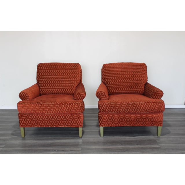 Mid-Century Modern Vintage Pair of Red Chenille Club Chairs For Sale - Image 3 of 10