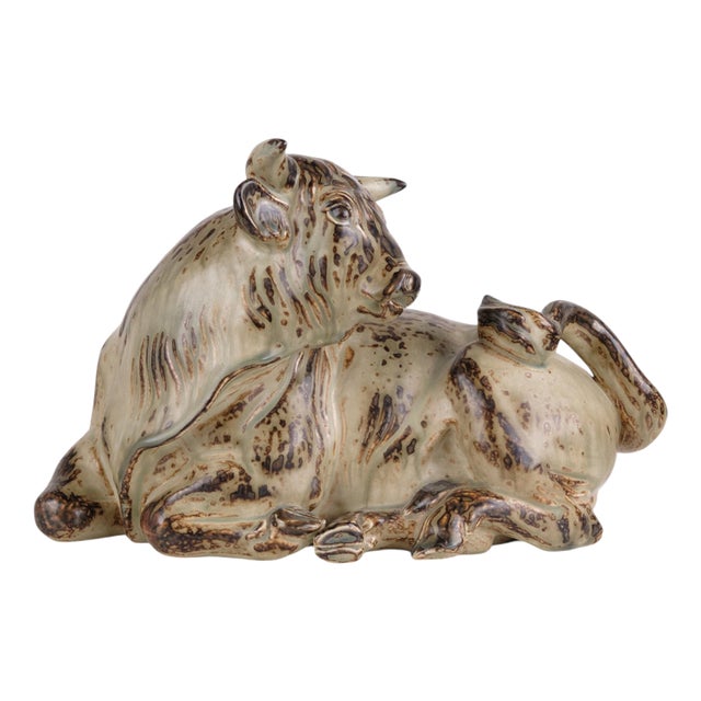 Large Reclining Bull in Stoneware by Knud Kyhn for Royal Copenhagen, 1949 For Sale