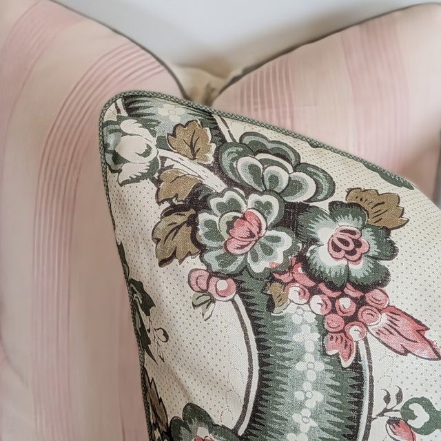 Lee Jofa Benday floral print in shades of green and pink, with Holly Hunt sage green micro cord, and Fermoie light pink...
