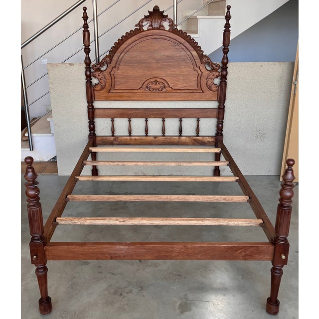 20th Century Full Bed, Original Four Fluted Poster Spanish Bed With Wood Slabs For Sale - Image 4 of 11
