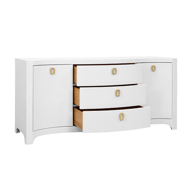 Worlds Away Matthew Izzo Home Paulina Curved Front White Linen Wrapped Buffet For Sale - Image 4 of 9