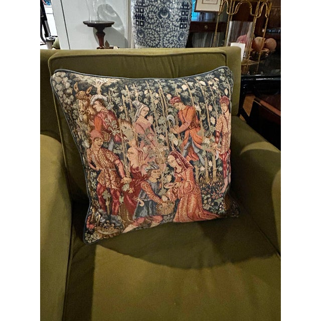 Gothic Vintage English Medieval Millefleurs Tapestry 19.5”Pillow “Courtly Garden Scene” Made in England - With Down Insert For Sale - Image 3 of 10