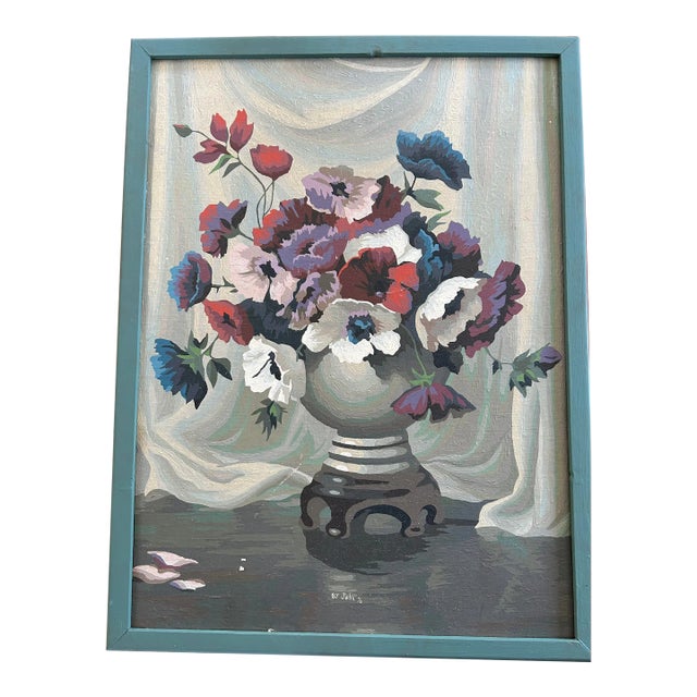 Vintage Mid-Century Vase of Poppies Still Life Painting For Sale