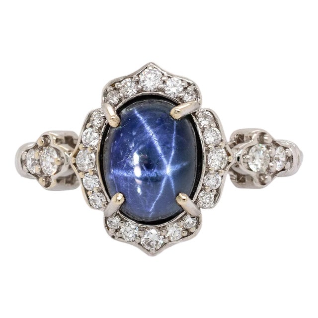 3.5cts Ceylon Star Sapphire Ring W Diamond Accents in 14k White Gold | Ov 9x7mm For Sale