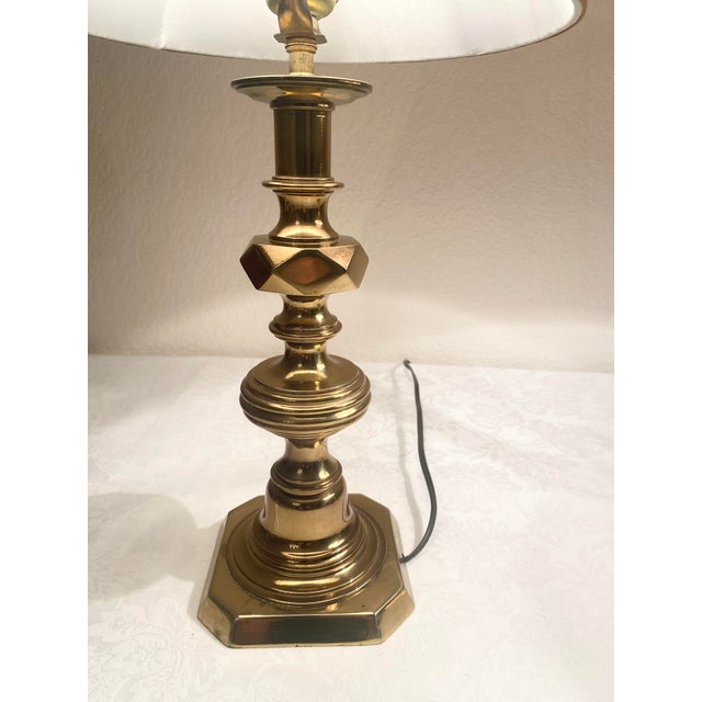 Solid Brass Mid 20th Century Uniquely Intricate Candlestick Style Pair of Lamps Excellent Condition. For Sale - Image 10 of 12