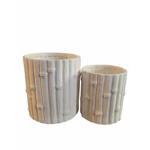 Traditional Vintage Ceramic Faux Bamboo White Regency Style Planters Cache Pots- A Pair For Sale - Image 3 of 8