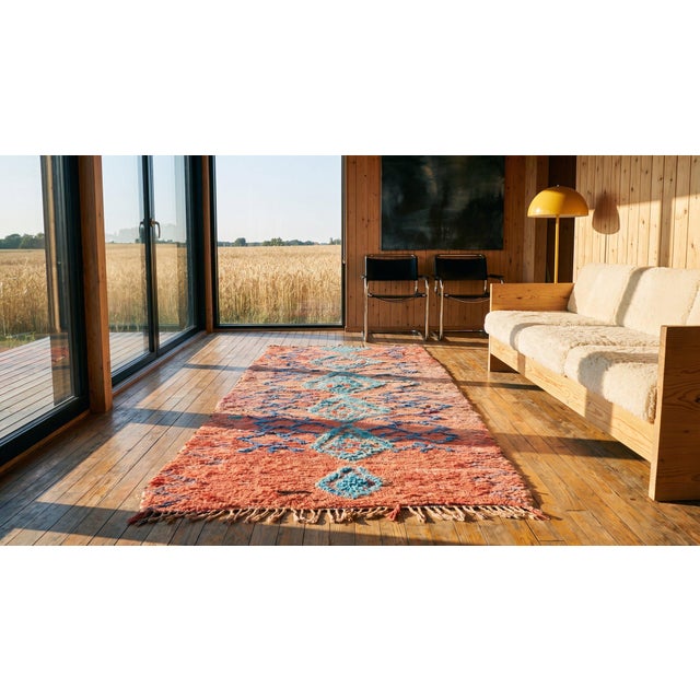 1940s Pink Blush Diamond Vintage Moroccan Boucherouitte Rug 4' X 9'6" Handknotted Wool Carpet For Sale In New York - Image 6 of 8