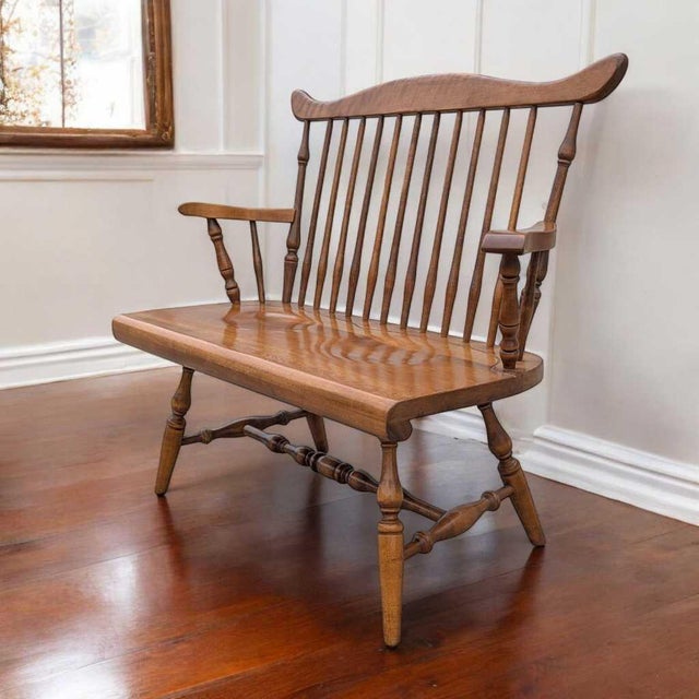 Chestnut Vintage Wooden Bench – Spindle Back Bench, Classic Farmhouse Style, Elegant Seating, Rustic Home Furniture For Sale - Image 8 of 17